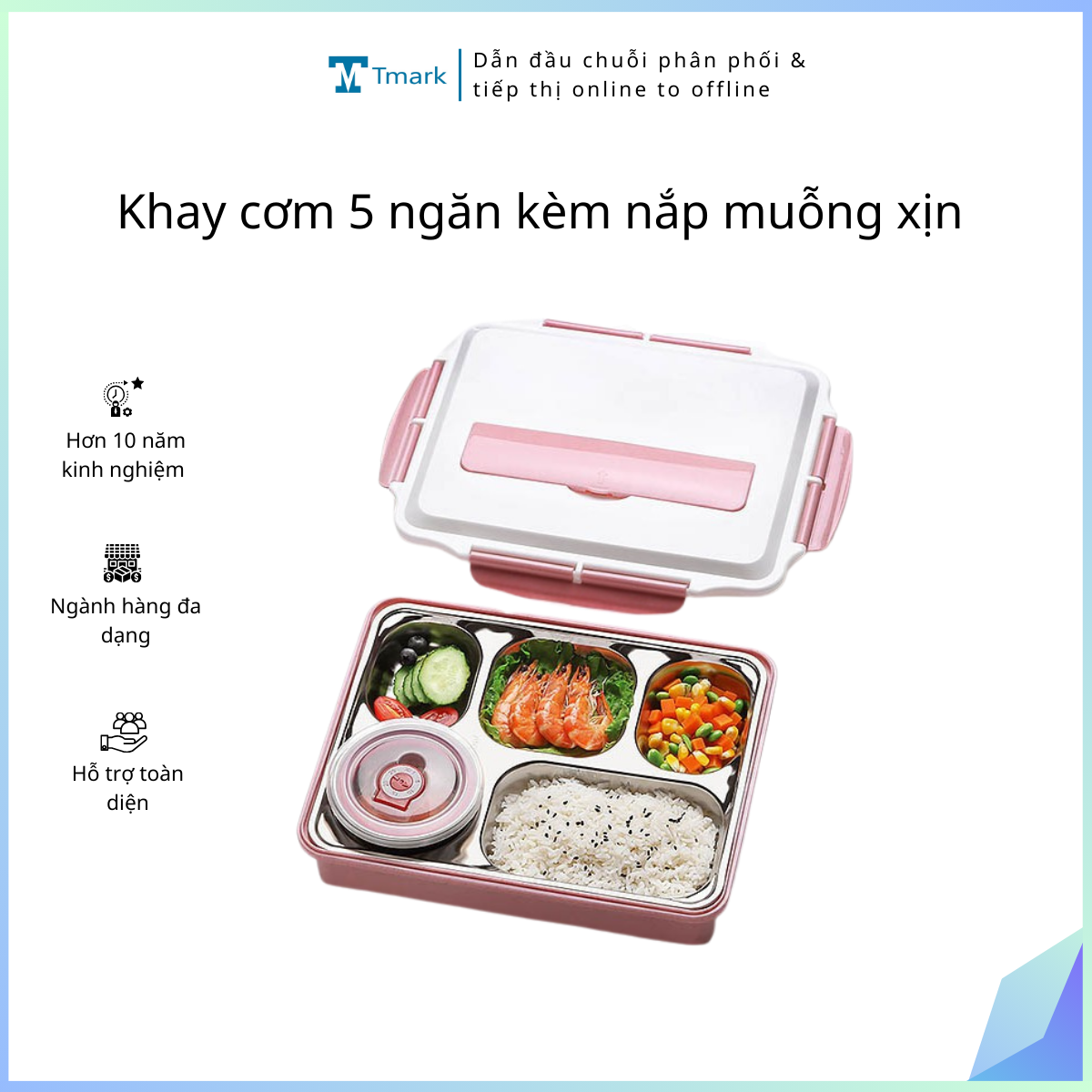 Khay-com-5-ngan-kem-nap-muong-xin-Tmark-Kien-40-cai- Khay cơm 5 ngăn kèm nắp muỗng xịn Tmark (Kiện 40 cái) - Ảnh 1