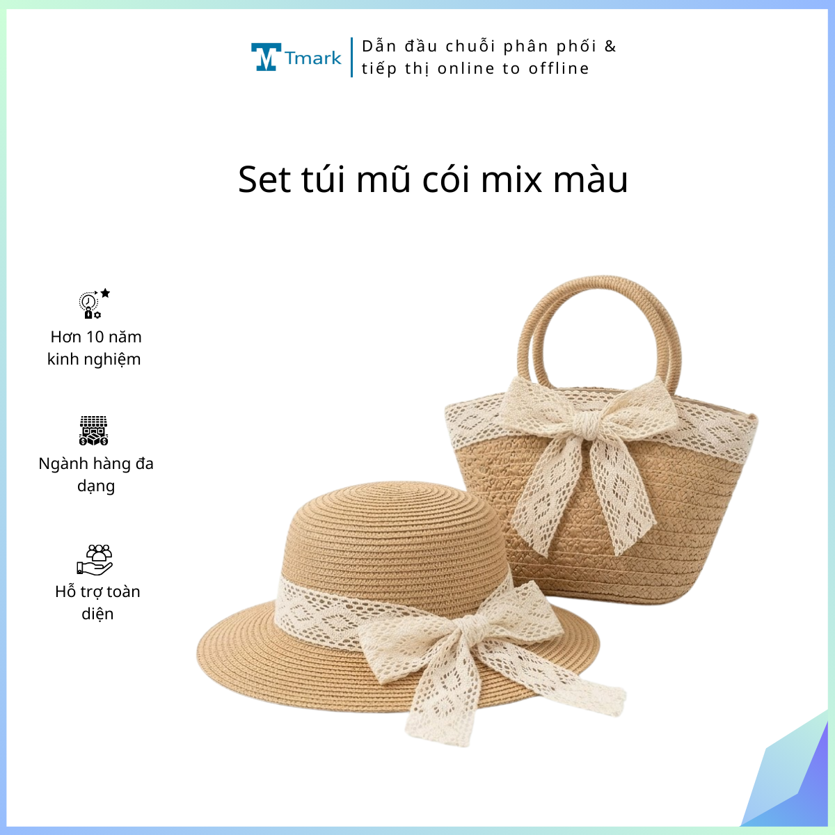Set-tui-mu-coi-mix-mau Set túi mũ cói mix màu - Ảnh 1